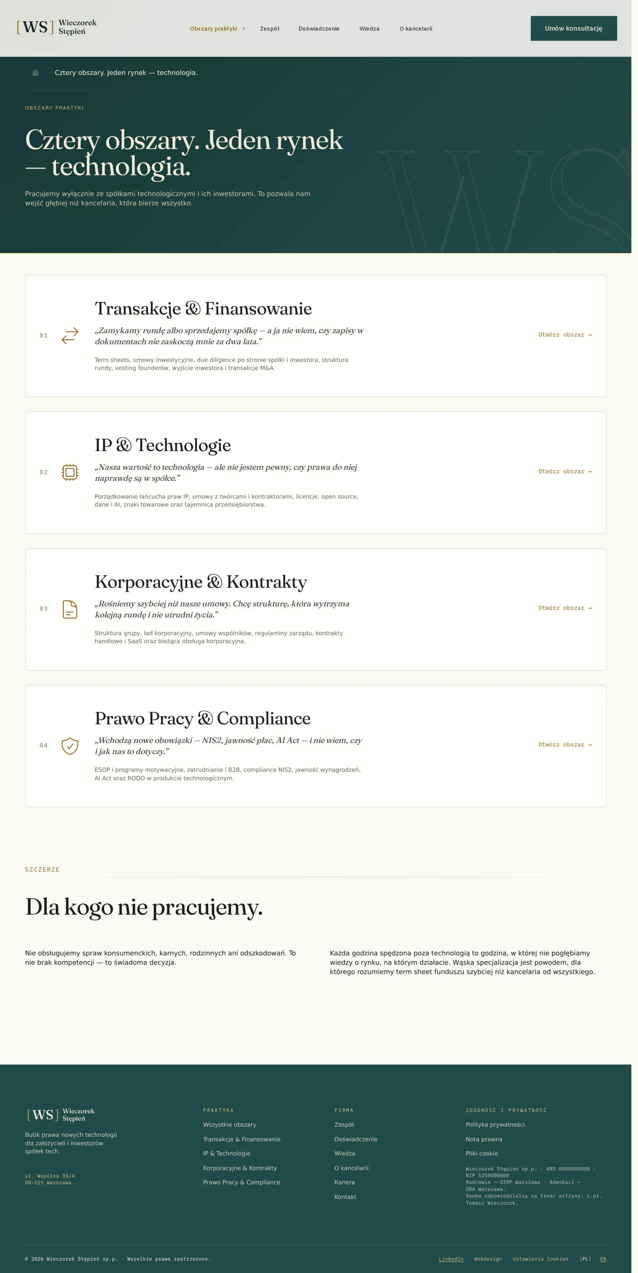 Hub obszarów z sekcją „Dla kogo nie pracujemy” — jedyne odróżnienie, jakie dopuszcza etyka