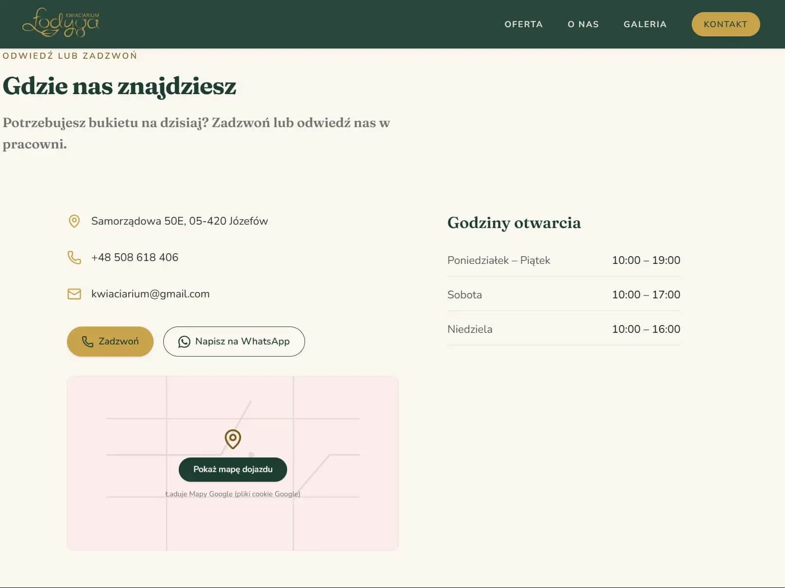 Kontakt: telefon jako CTA główne, WhatsApp obok, mapa jako facade