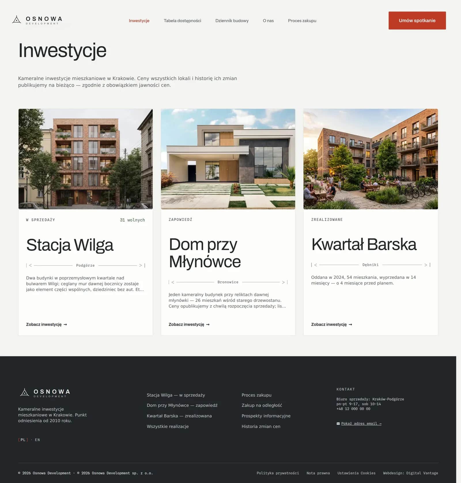 Lista inwestycji: trzy stany cyklu życia (zapowiedź, sprzedaż, zrealizowana)