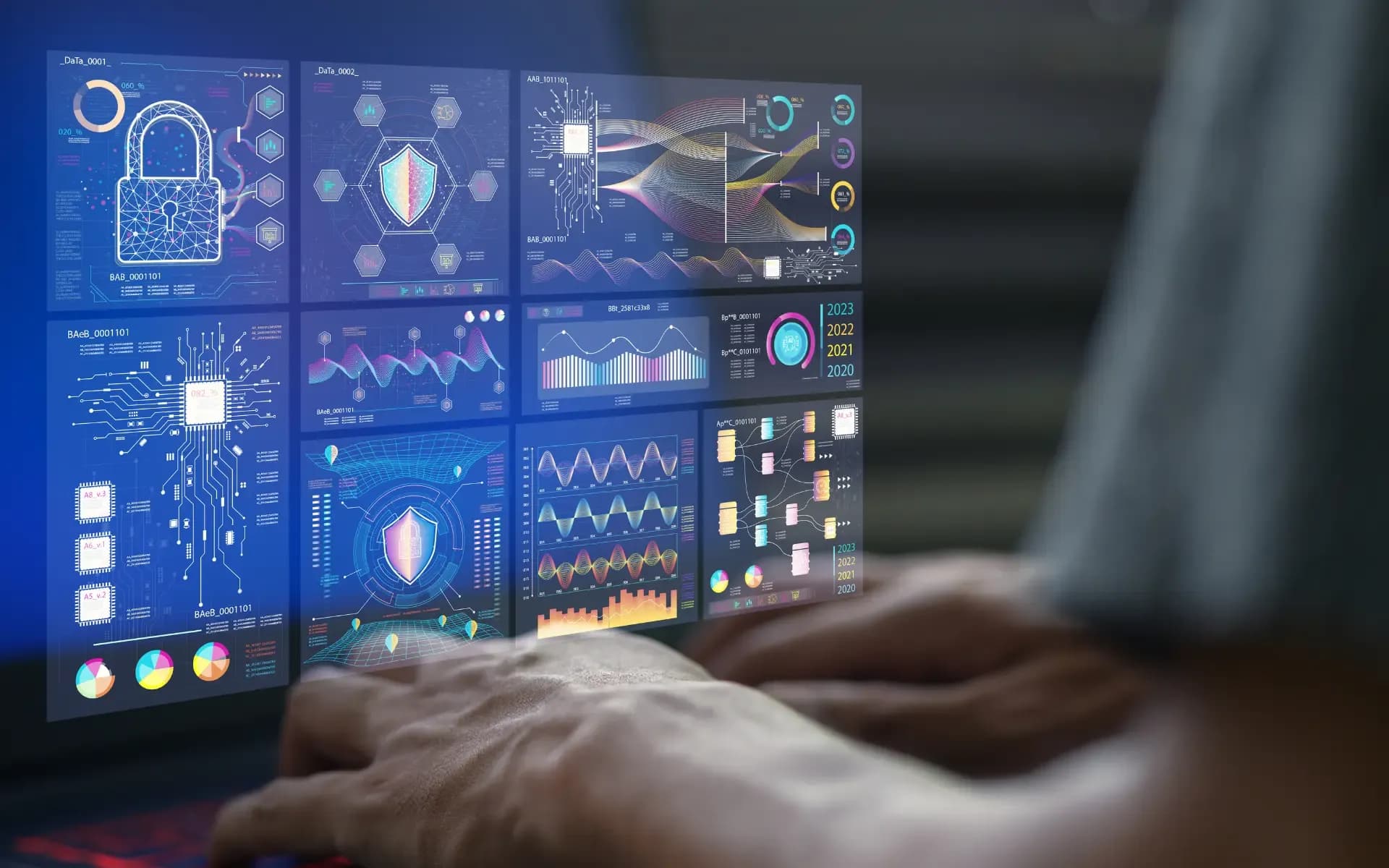 Minimalistyczny workspace z laptopem pokazującym dashboard biznesowy, bez ludzi w kadrze